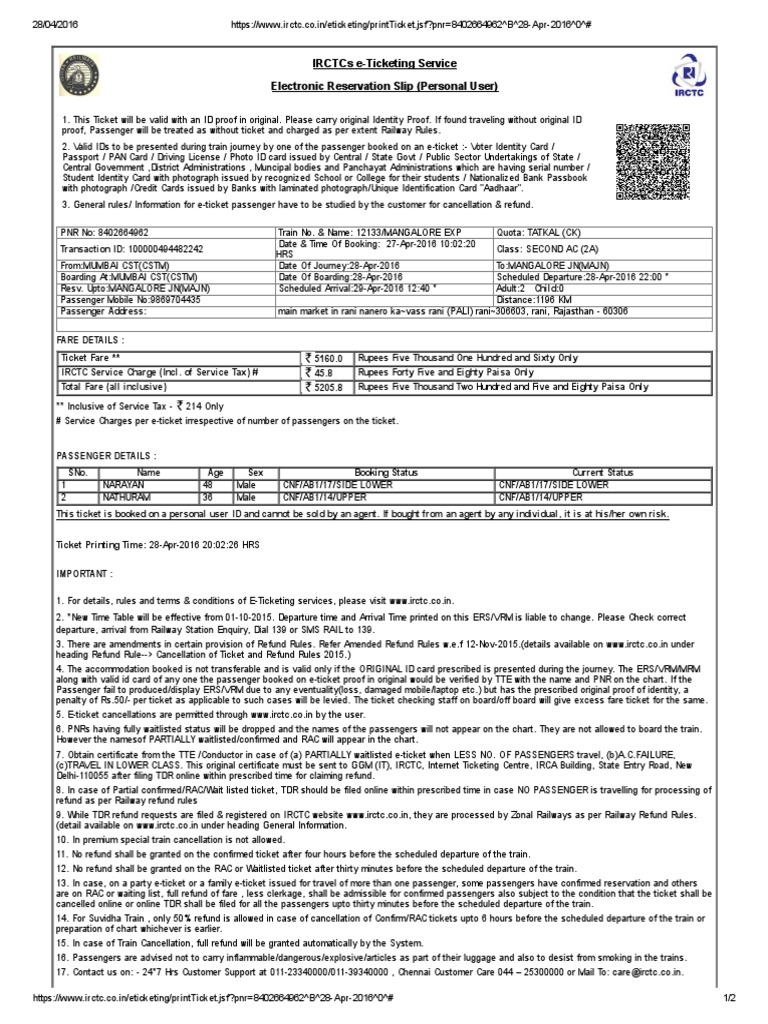 IRCTC e-Ticket Confirmation Details | PDF | Identity Document | Ticket ...