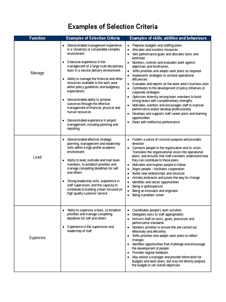 selection criteria examples research assistant