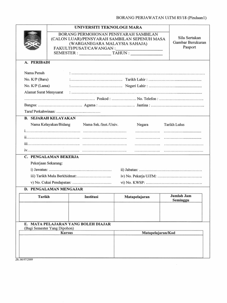 Borang Permohonan Pensyarah Ptft Pdf