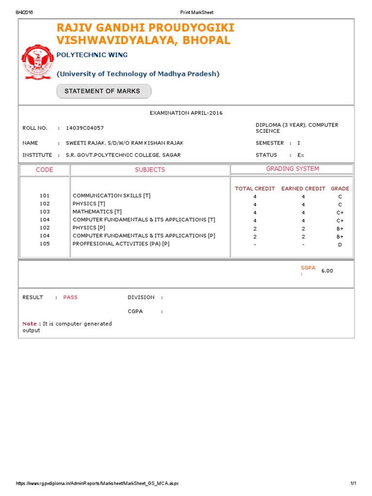 Marksheet for MCA Semester I | PDF | Technology & Engineering