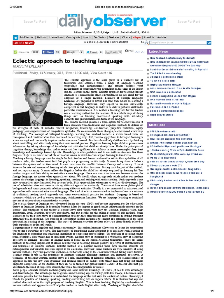 Eclectic Approach To Teaching Language PDF Foreign Language Learning