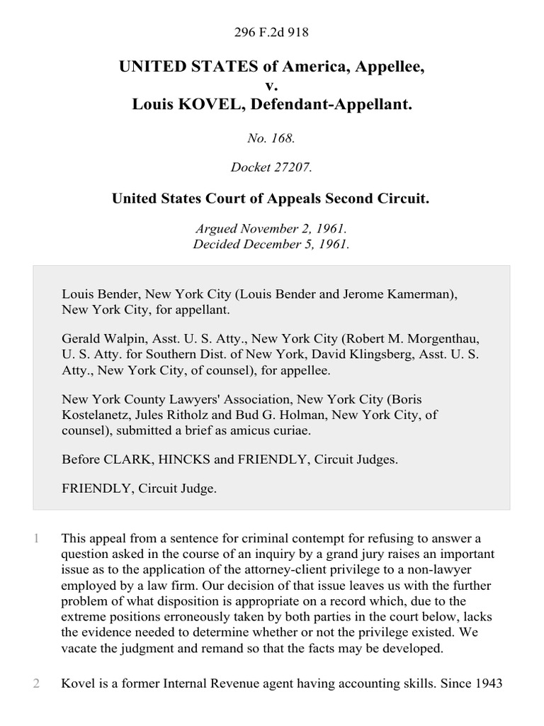 United States v. Louis Kovel, 296 F.2d 918, 2d Cir. (1961) PDF