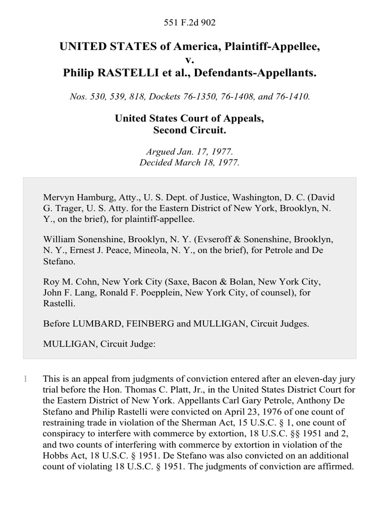 US v. Rastelli: Sherman Act Appeal | PDF | Continuance | Supreme Court ...