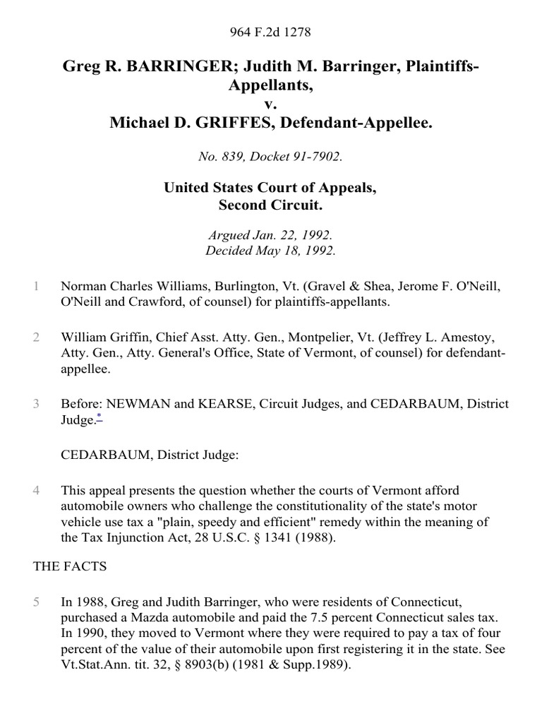 Vermont Tax Injunction Act Appeal | PDF | Facial Challenge | Supreme ...