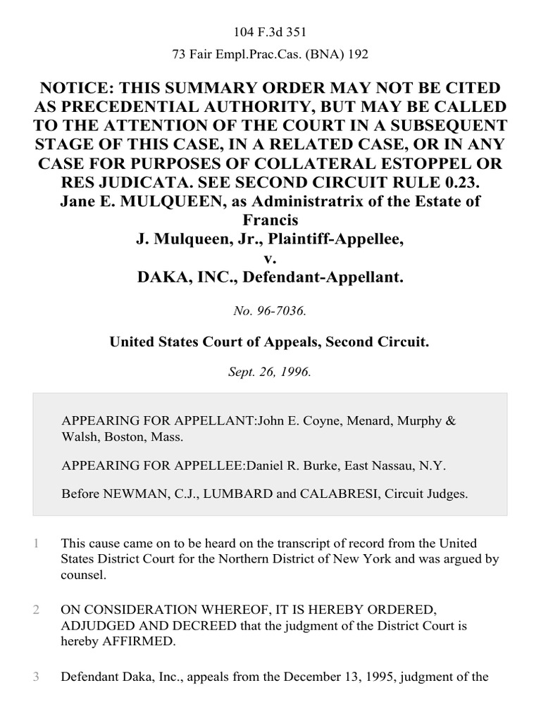 Jane E. Mulqueen, As Administratrix of The Estate of Francis J