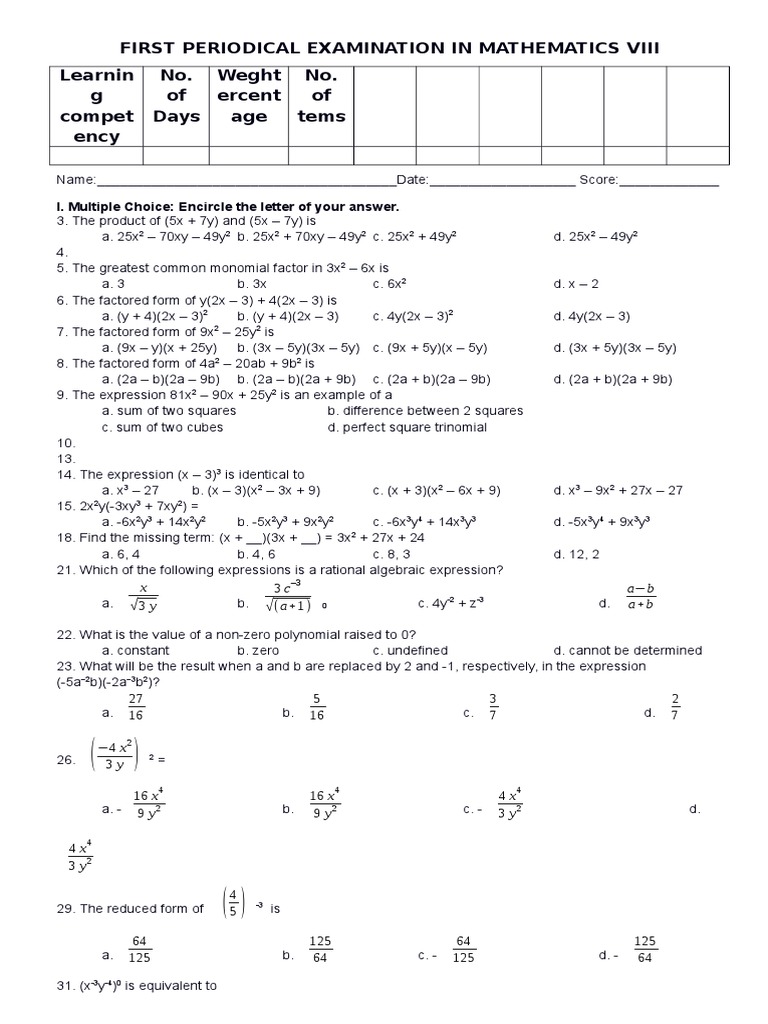 Math VIII Periodical Exam Guide | PDF