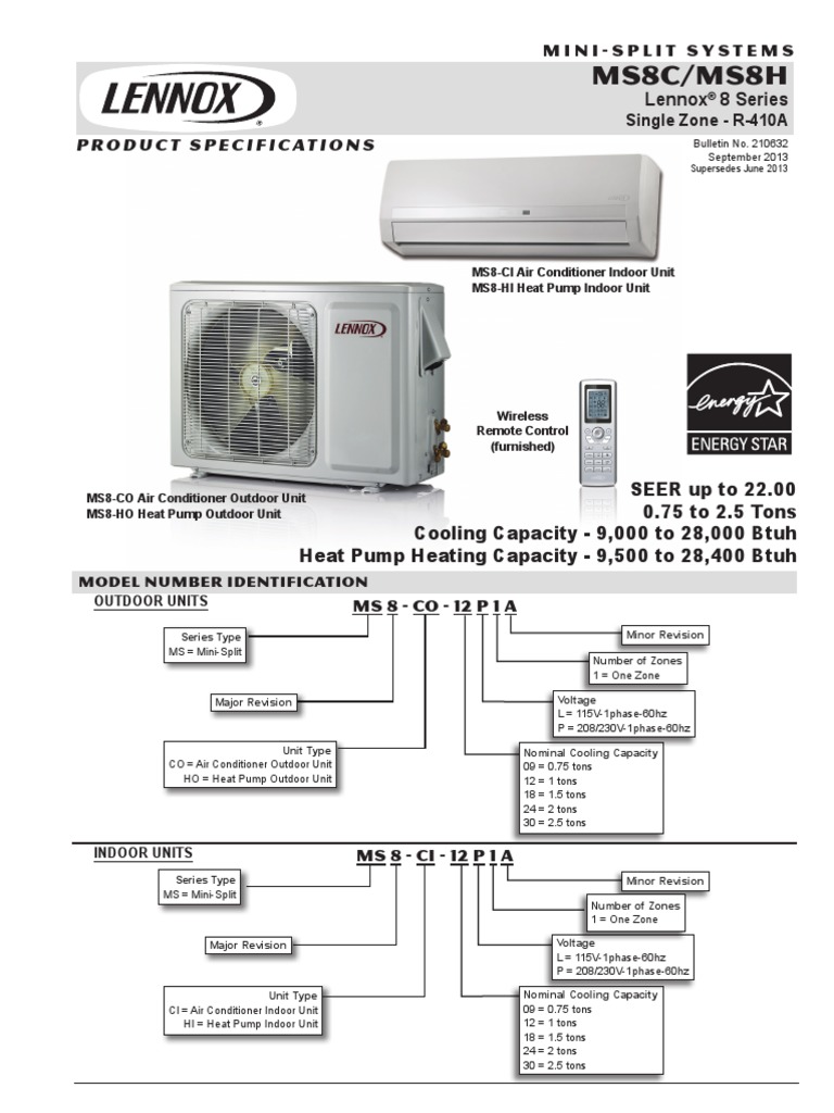 Lennox MS8H Mini Split Heat Pump Specs Bomba de calor Aire
