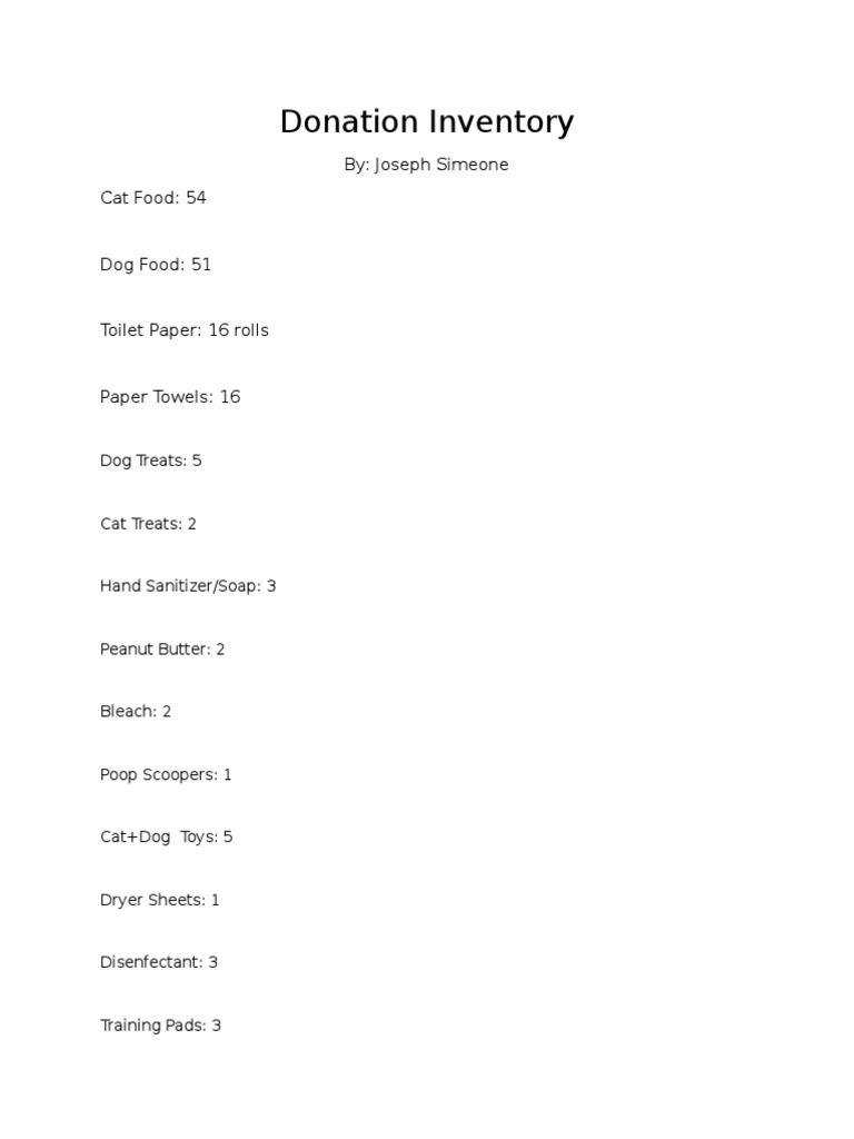 Donation Inventory List for Pets | PDF | Cooking, Food & Wine