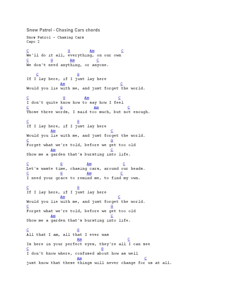 Snow Patrol Chasing Cars chords and lyrics PDF