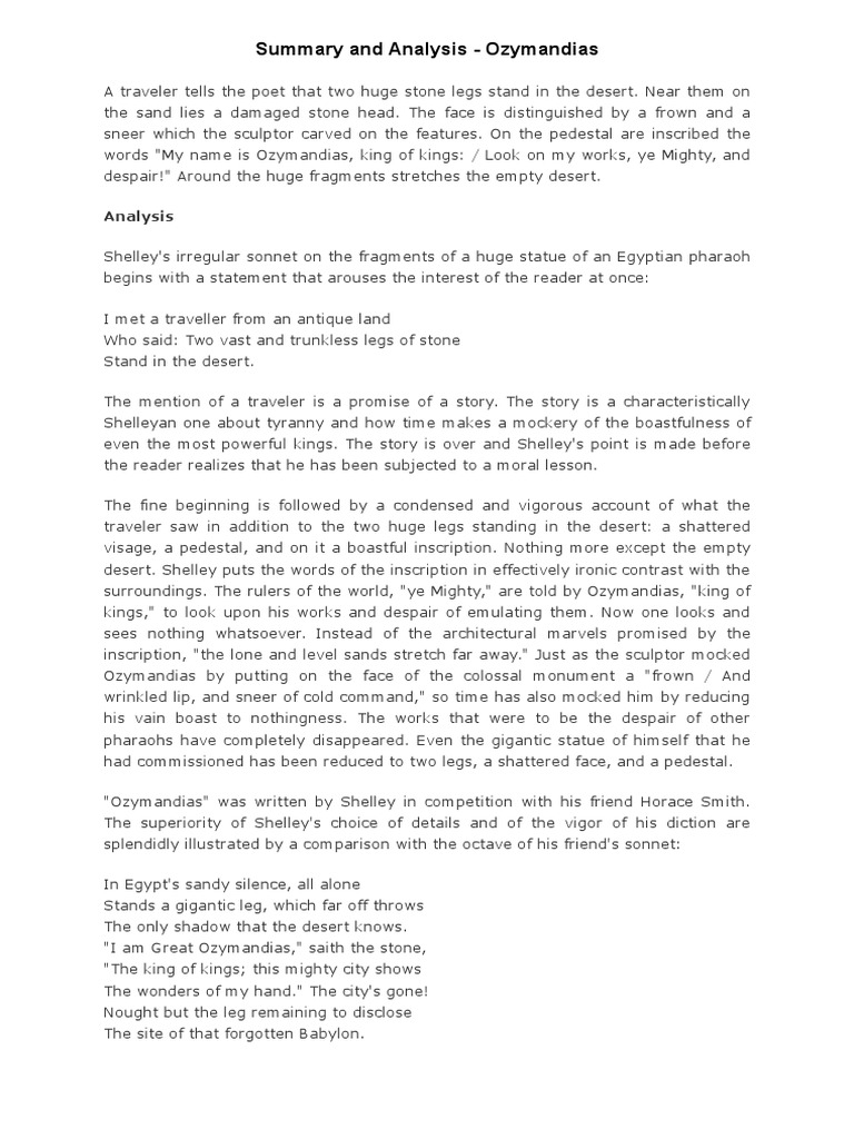 Summary And Analysis Ozymandias Stanzaic Form Poetry