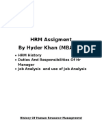 HRM Assignment covers history, roles and job analysis