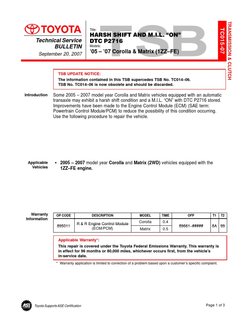 Bulletin Toyota Transmission (Mechanics) Car