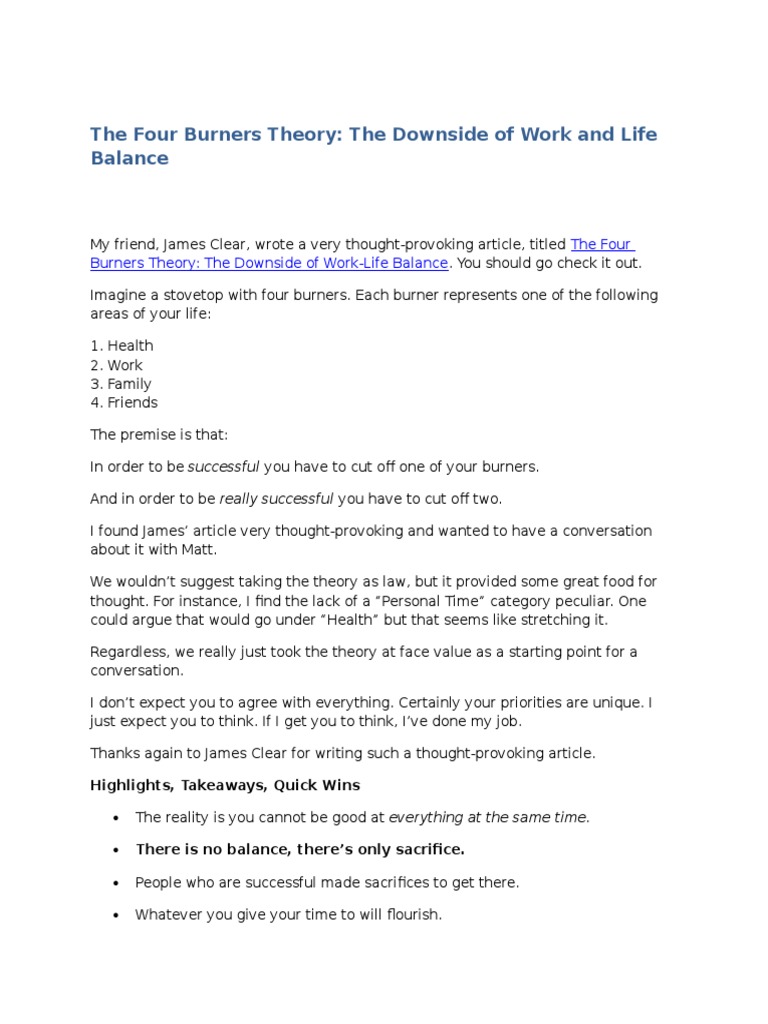 The Four Burners Theory the Downside of Work and Life Balance | Child ...
