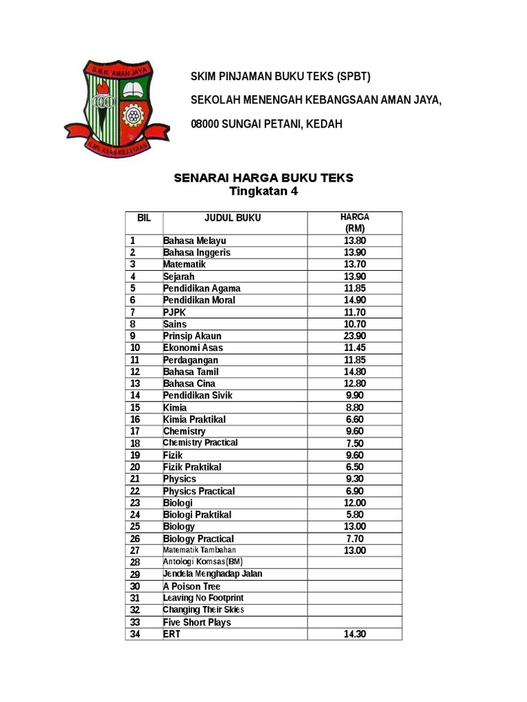 Senarai harga buku teks form 4 tahun 2015 pdf