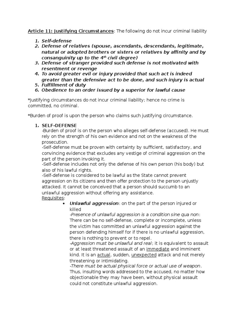 Justifying Circumstances Under Article 11 | PDF | Assault | Self Defense
