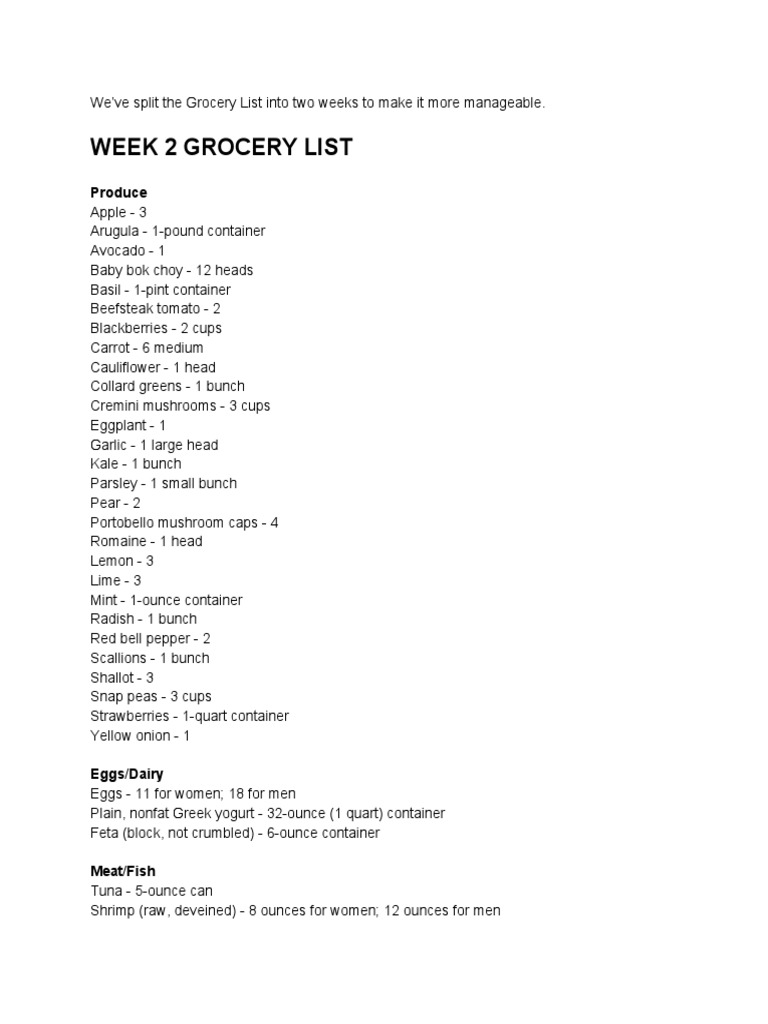 Week 2 Grocery List: Produce | PDF