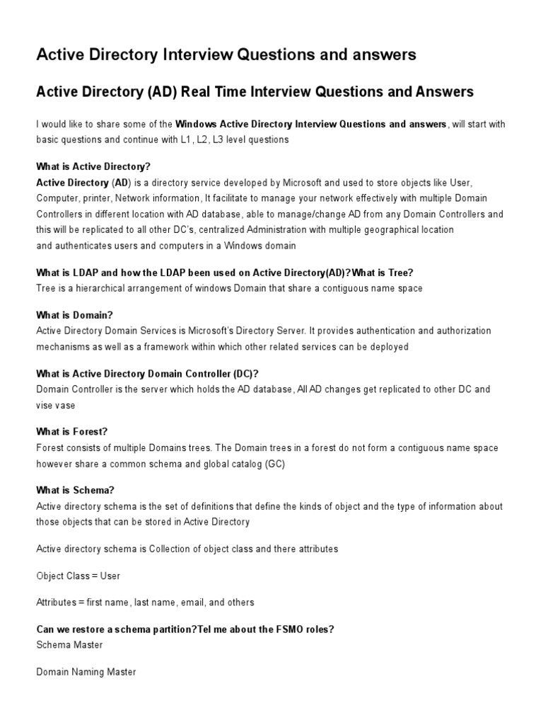 Active Directory Interview Questions and Answers PDF Active
