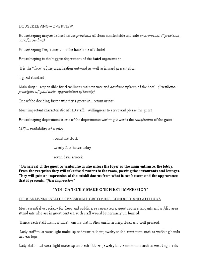 Housekeeping Procedure Lecture Handout Prelims Housekeeping Vacuum