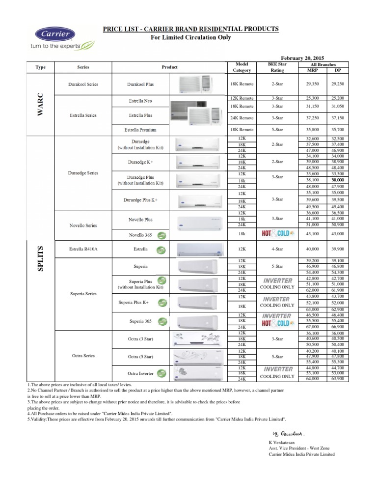 Carrier Air Conditioner Price List 2016 PDF