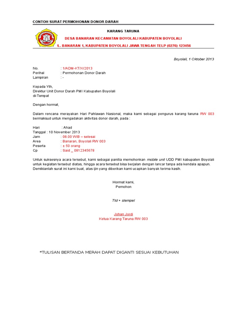 Contoh Surat Permohonan Derma Darah
