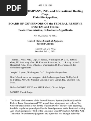 N. C. Freed Company, Inc., and International Roofing Corp. v. Board of Governors of the Federal Reserve System and Federal Trade Commission, 473 F.2d 1210, 2d Cir. (1973)