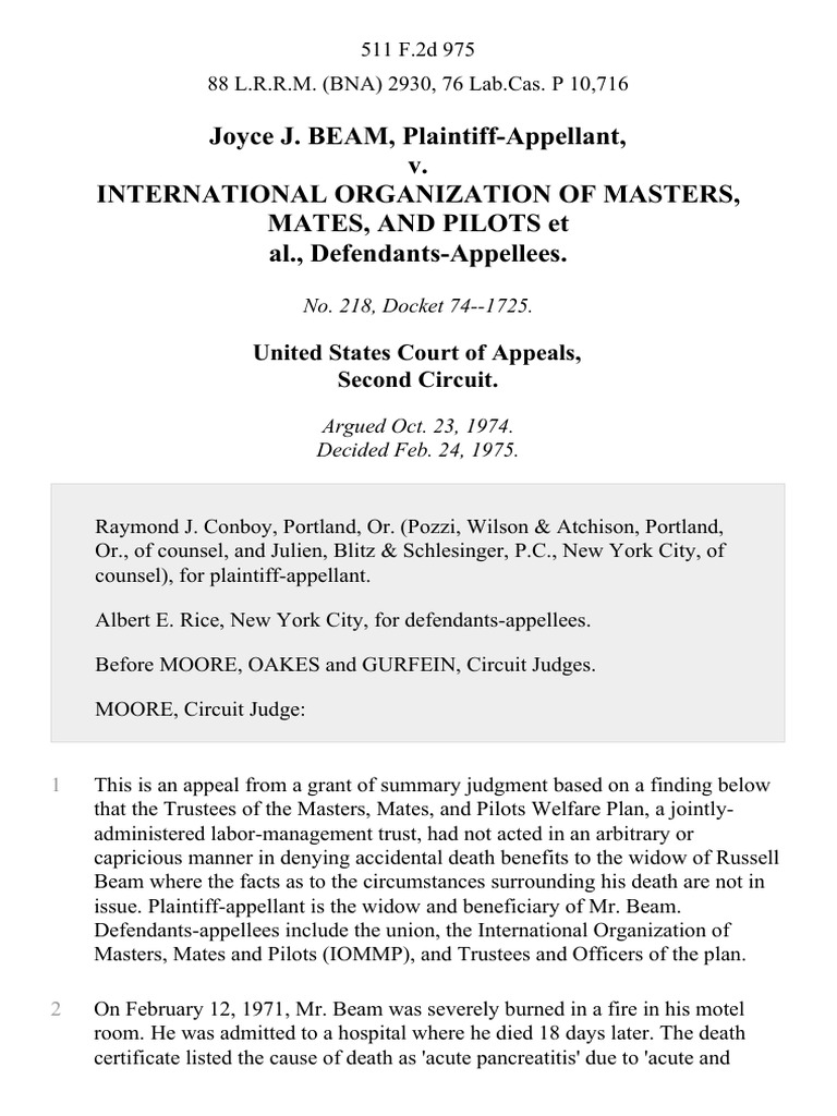Joyce J. Beam v. International Organization of Masters, Mates, and Pilots, 511 F.2d 975, 2d Cir