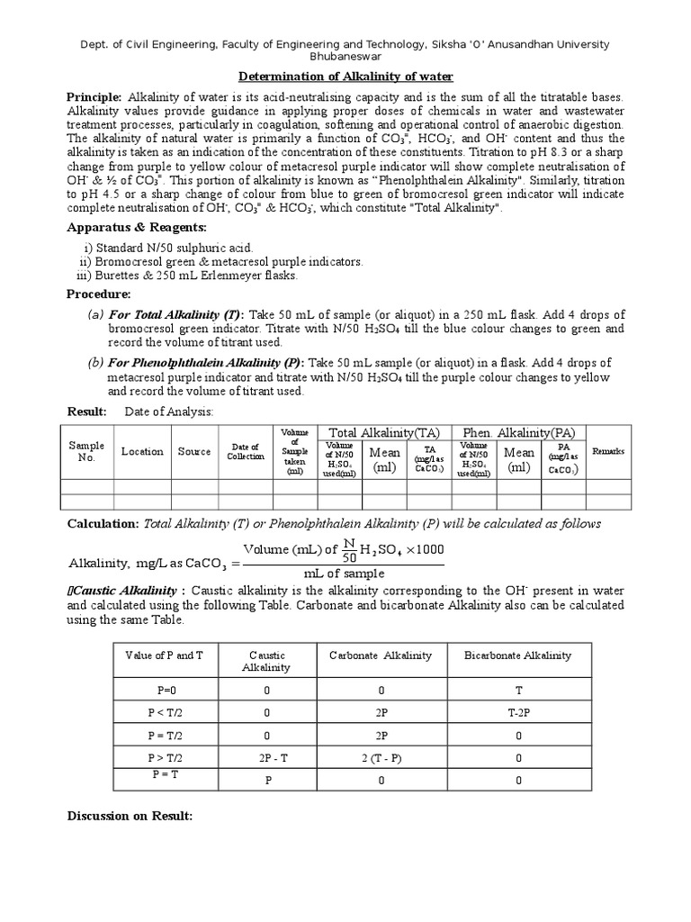Alkalinity and pH Determination Methods | PDF | Alkalinity | Ph