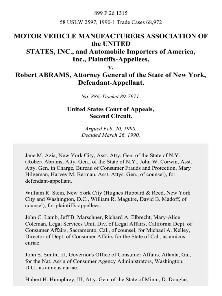 Motor Vehicle Manufacturers Association of the United States, Inc., and