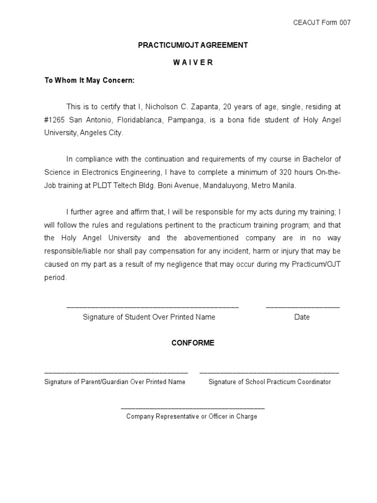 Dole Form and Waiver