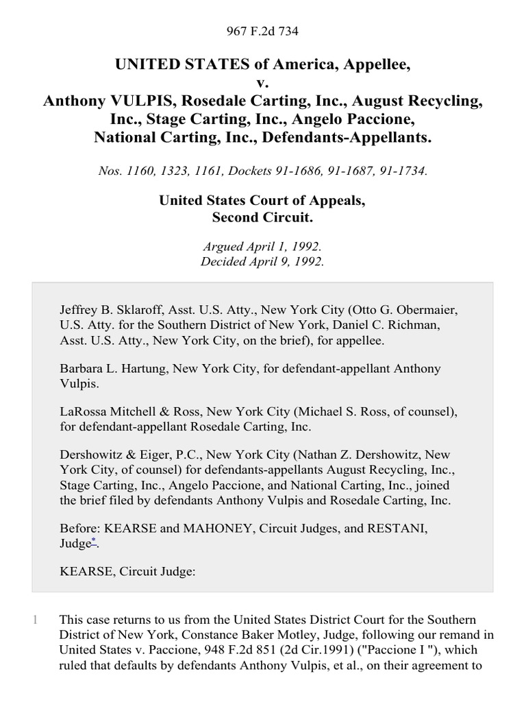 United States v. Anthony Vulpis, Rosedale Carting, Inc., August