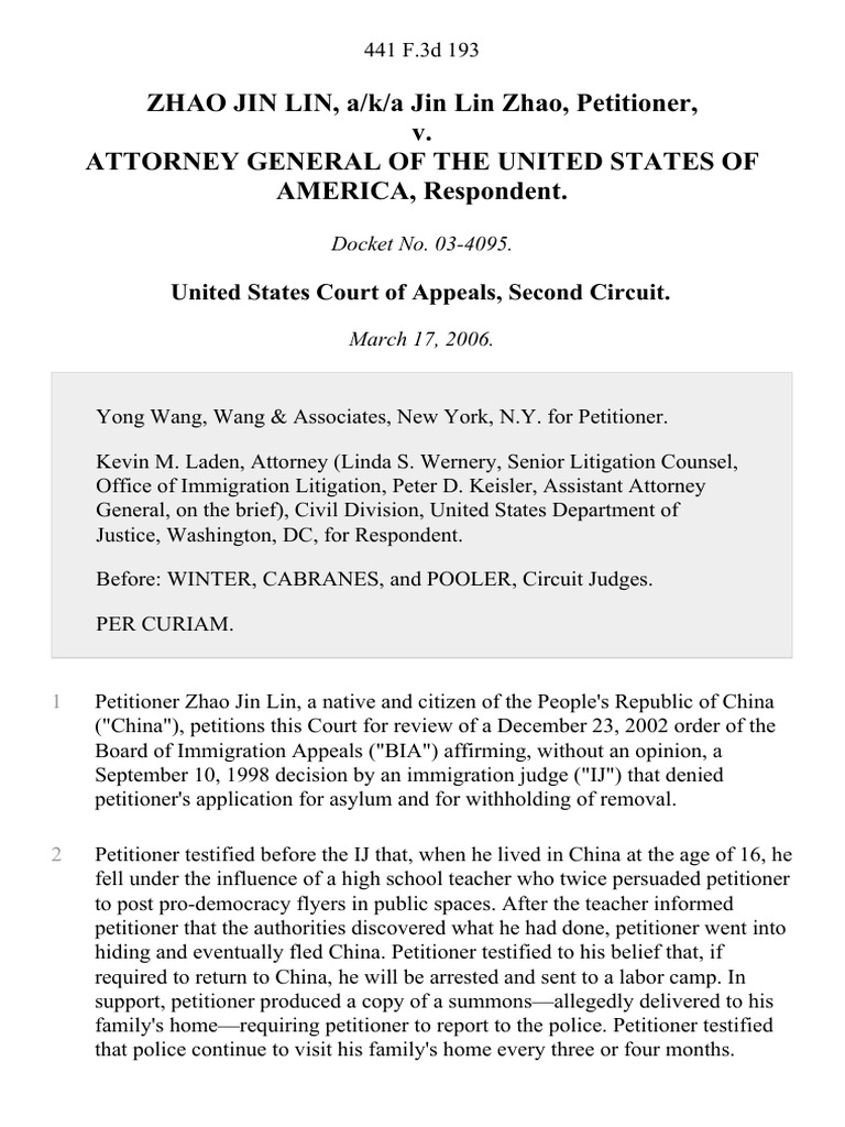Zhao Jin Lin, A/K/A Jin Lin Zhao v. Attorney General of The United ...