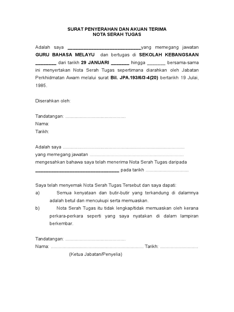 Contoh Nota Serah Tugas Guru Pdf
