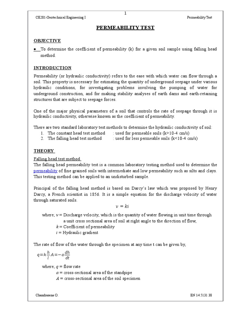 Lab Report Permeability Test Soil Mechanics Applied And Interdisciplinary Physics