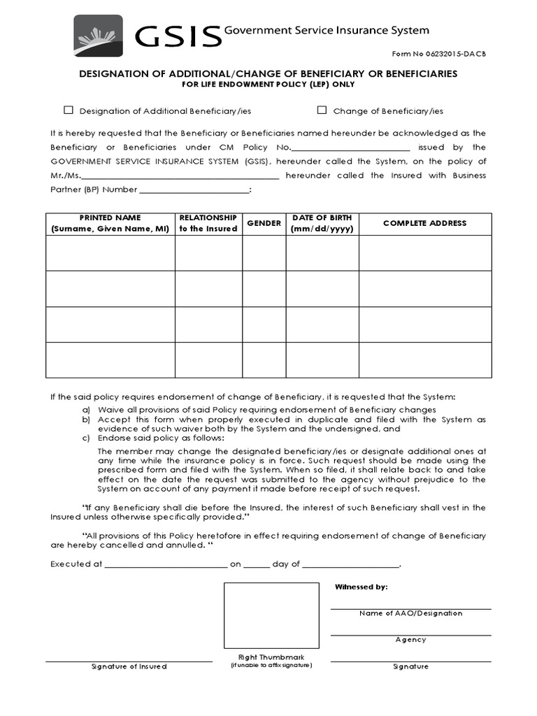 LEP Beneficiary Designation Form | PDF | Finance & Money Management