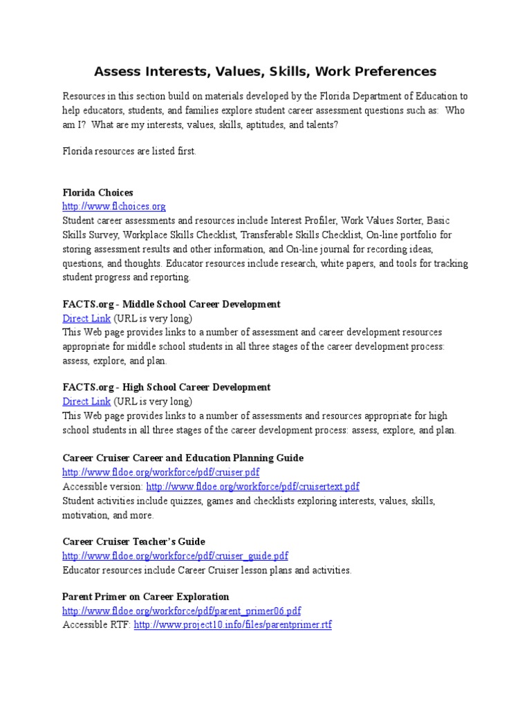 Assess Interests, Values, Skills, Work Preferences | PDF 