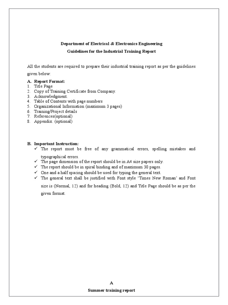 Department of Electrical & Electronics Engineering Guidelines For The Industrial Training Report