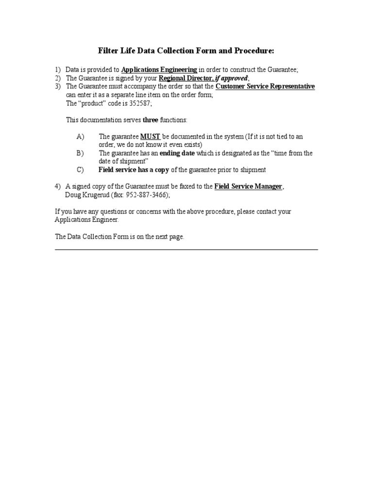 Filter Life Data Collection Procedure | PDF | Business