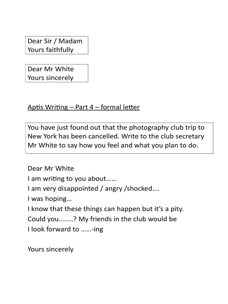 Aptis Writing Part 4 Photographic Club Informal Formal Letters