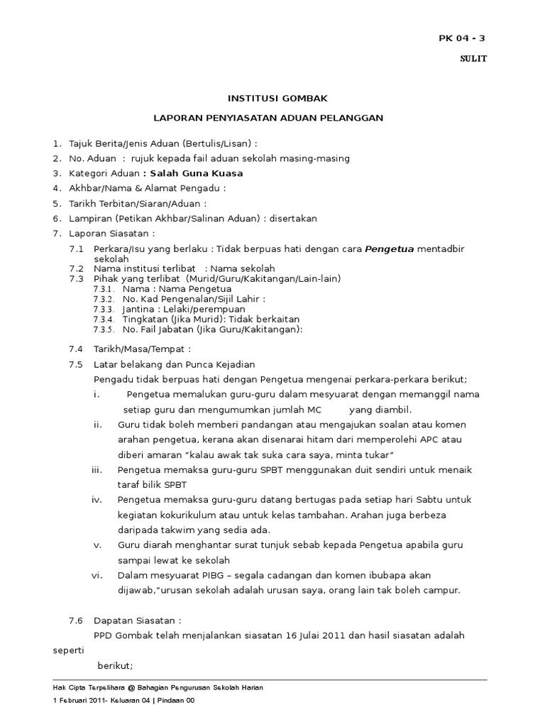 Contoh Menyediakan Laporan Aduan Menggunakan Pk 04 3 Doc