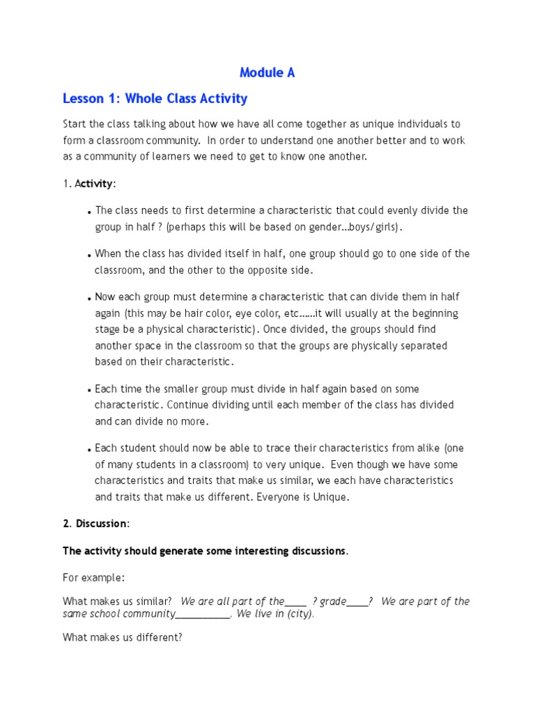 Module A Lesson 1 Whole Class Activity 2. Discussion The Activity