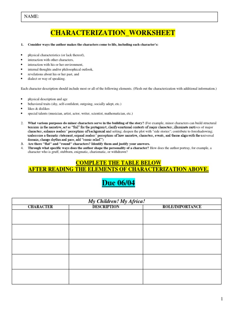 Characterization Worksheet My Children My Africa | Cognitive Science | Psychology & Cognitive ...