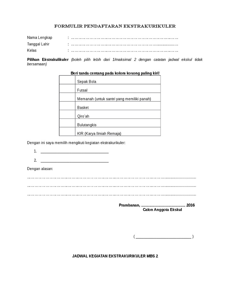 Formulir Pendaftaran Ekstrakurikuler Pdf