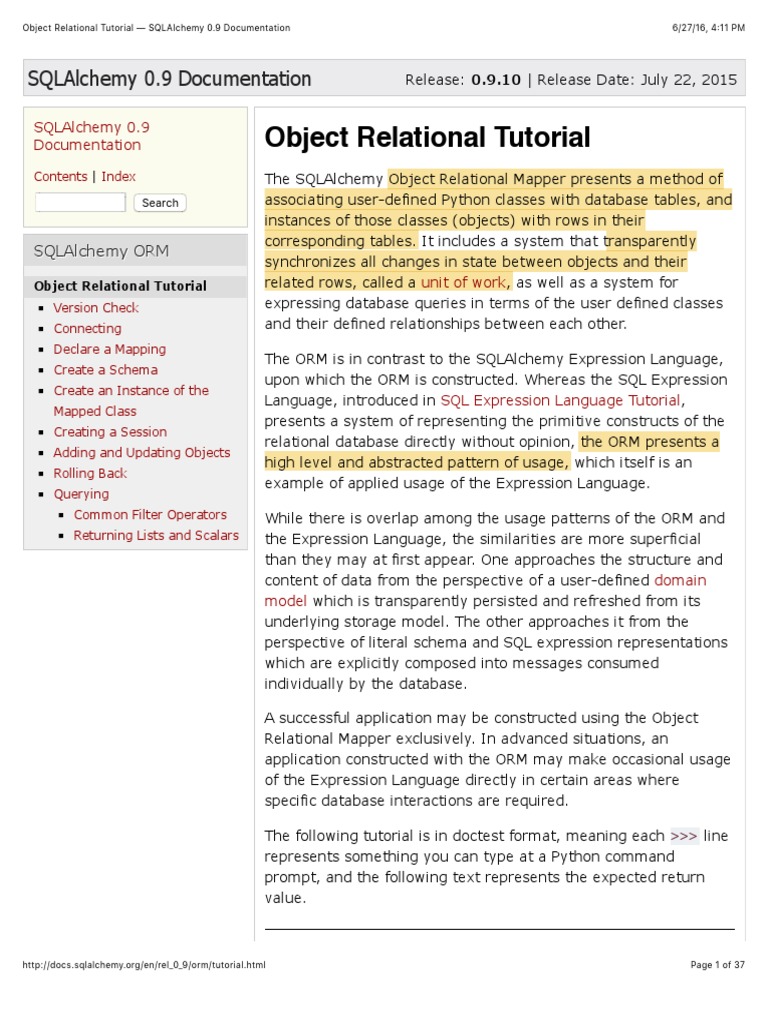 Object Relational Tutorial Sqlalchemy 0 9 Documentation
