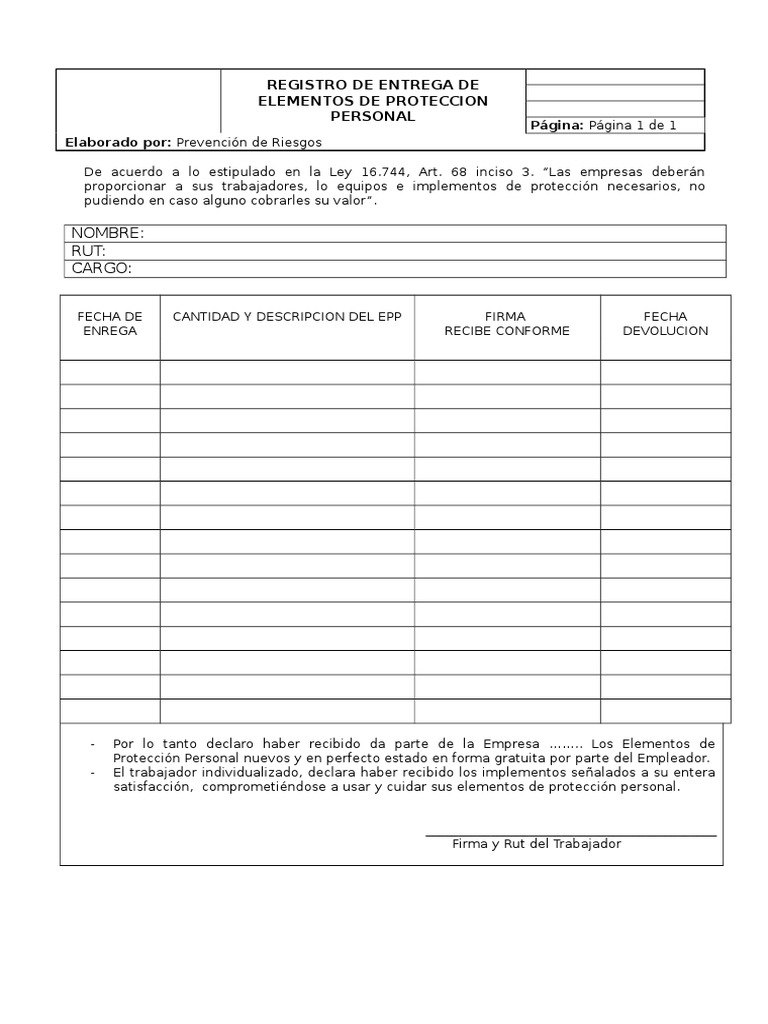 Registro Entrega de Elementos de Protección Personal 01