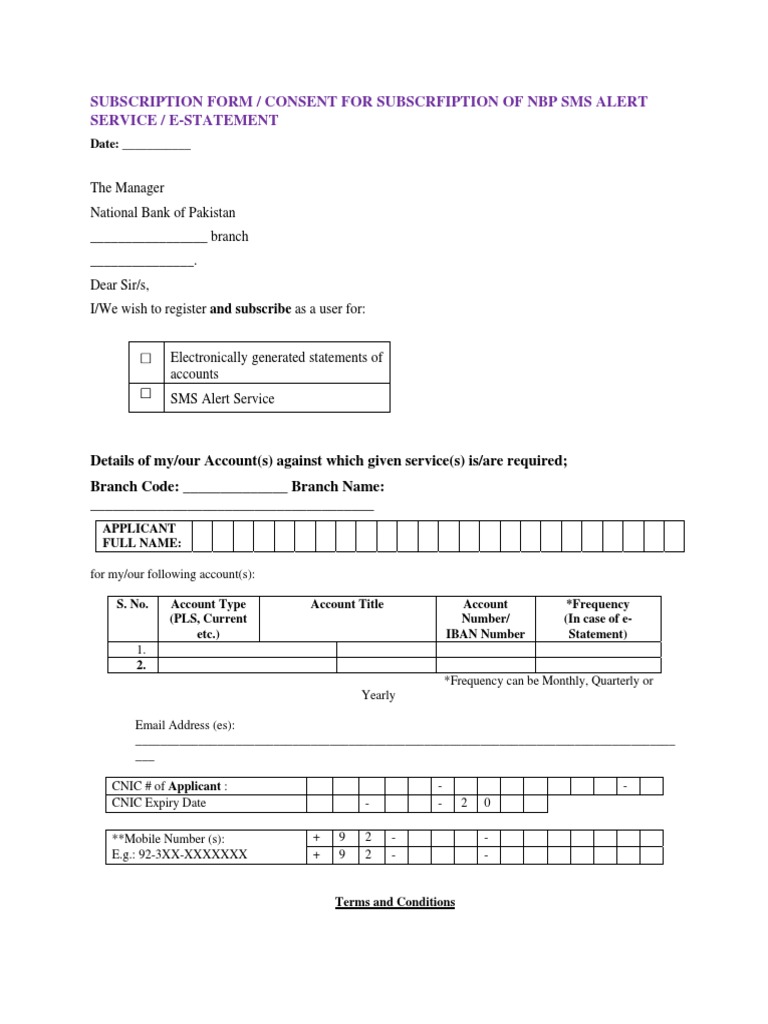 NBP SMS Alert Service Subscription Form | PDF | Short Message Service | Fee