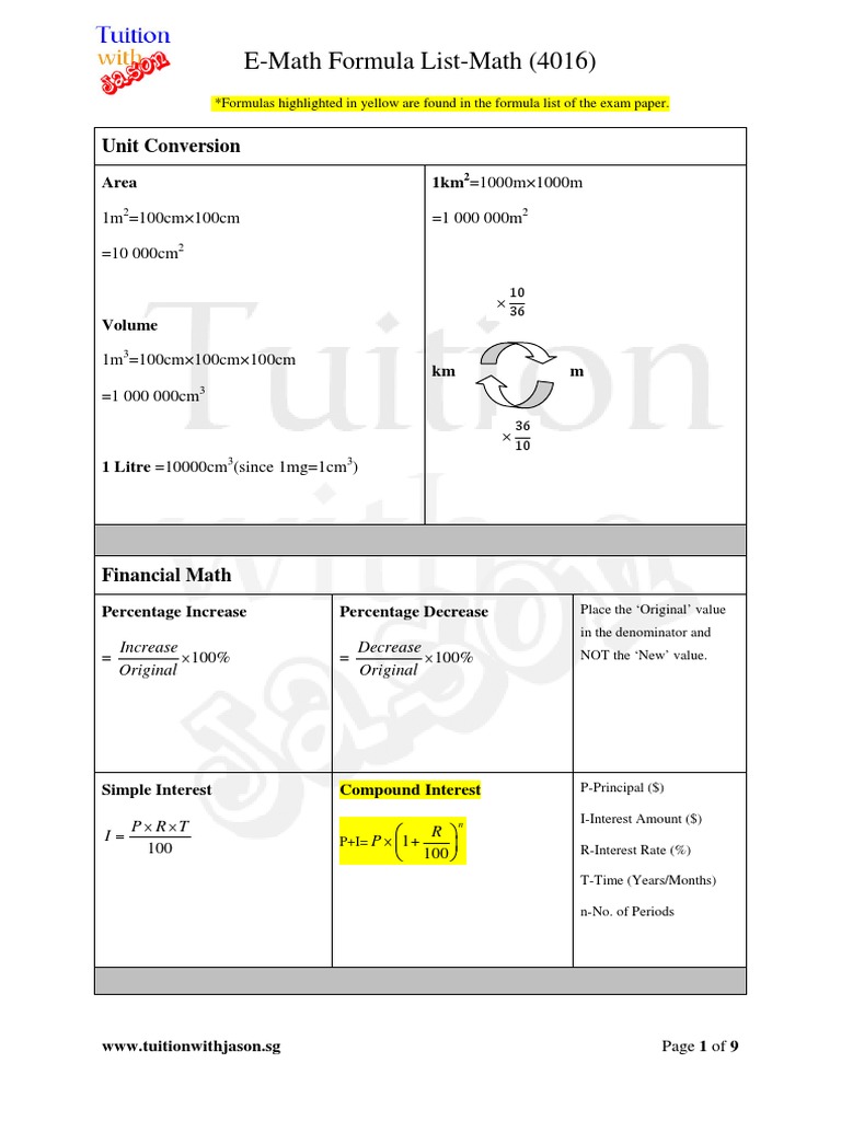 E-Math Formula List - Math (4016) | PDF | Area | Standard Deviation