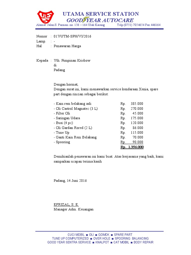 Surat Penawaran Harga Service Kendaraan