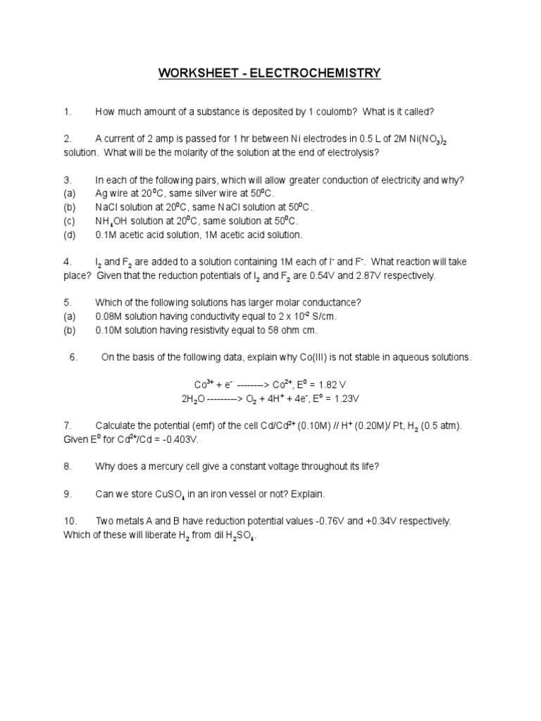 Worksheet Electrochemistry PDF