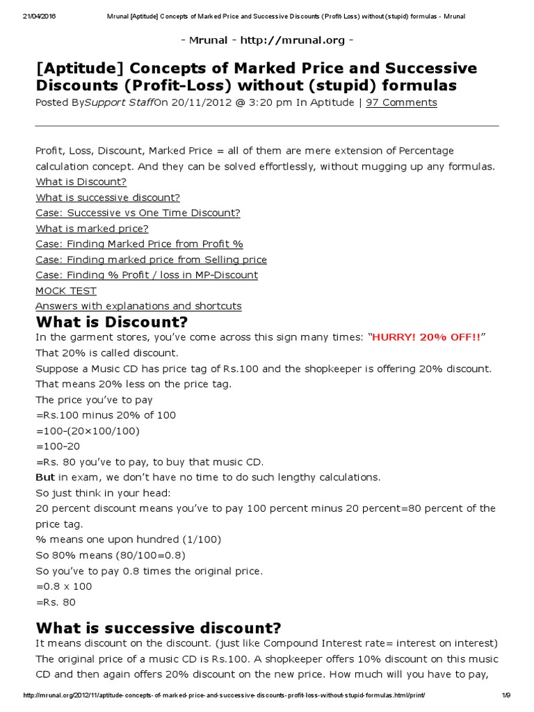 (Aptitude) Concepts of Marked Price and Successive Discounts (Profit ...