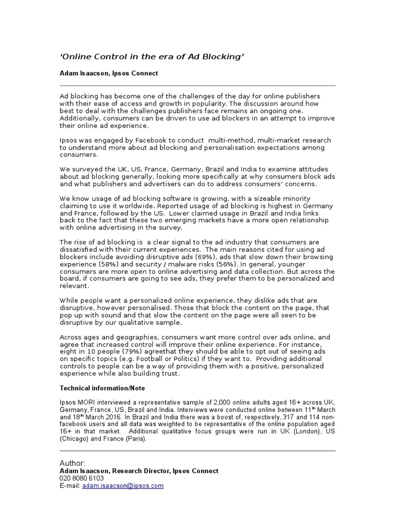 Ad Blocking and Consumer Control Insights | PDF | Advertising | Online ...